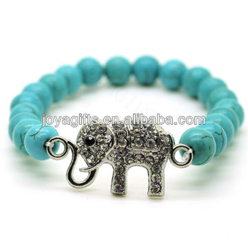 Turquoise 8MM Round Beads Stretch Gemstone Bracelet with Diamante Alloy elephant Piece